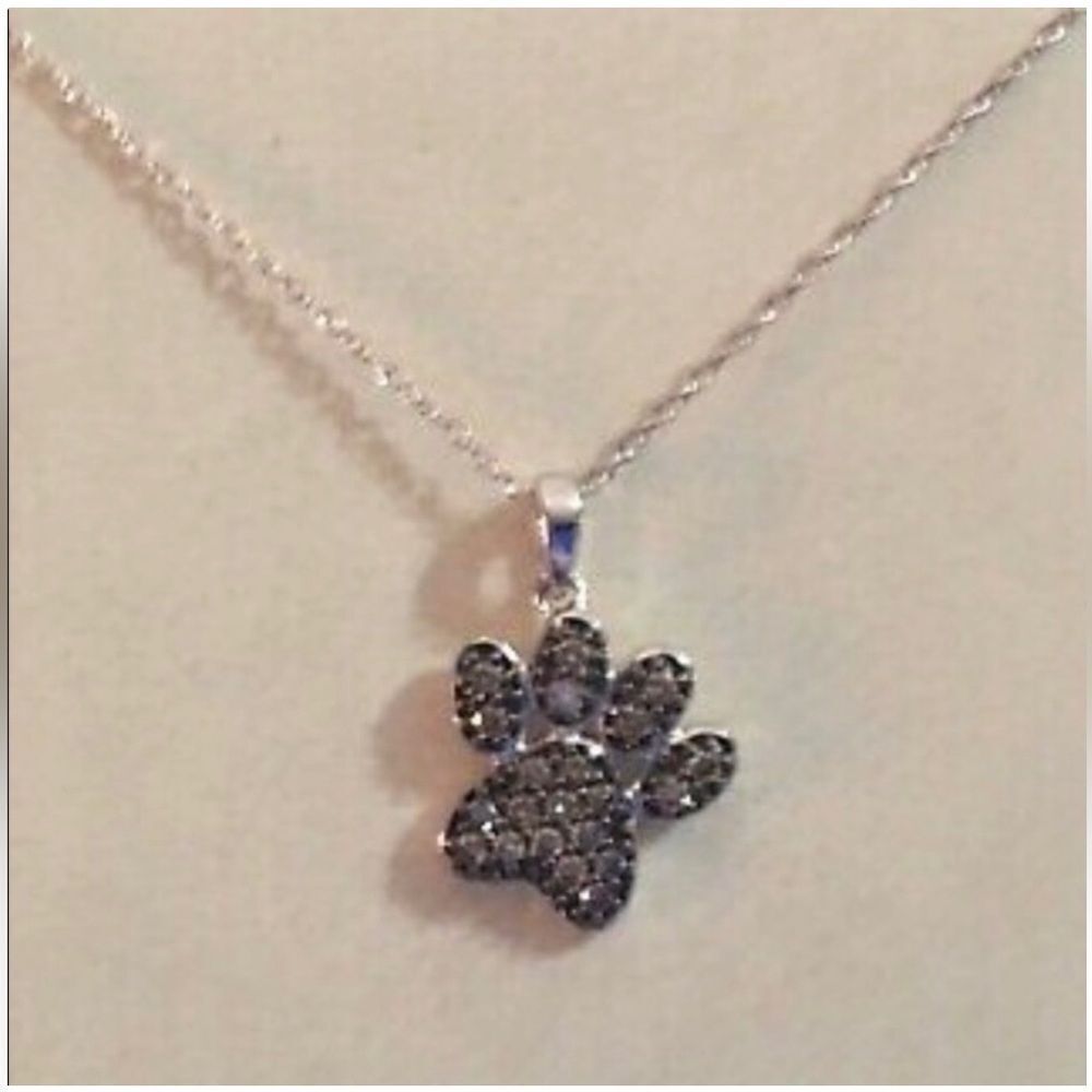 10k Champagne Diamonds Paw Print Necklace in Solid White Gold
